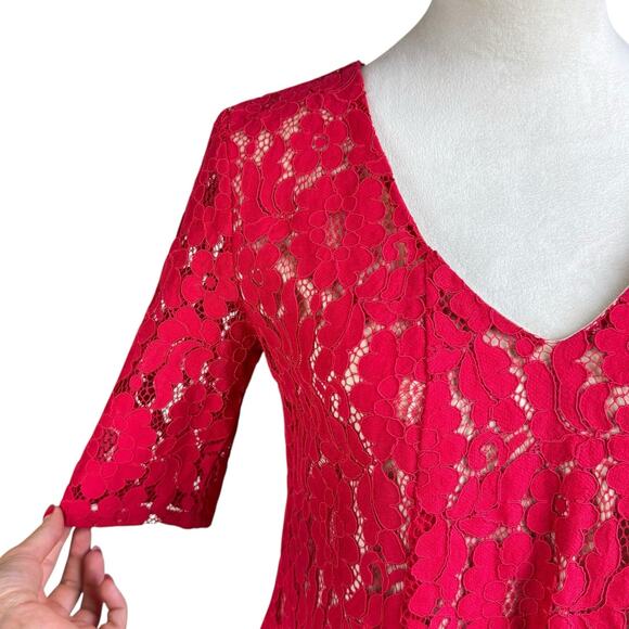 Julian Taylor NWT Red Floral Lace Sheer Nude Lining V-neck Trapeze Party Dress - Picture 5 of 14